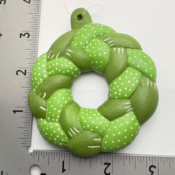 Vintage Green Braided Wreath Christmas Tree Ornament Polka Dot Hand Painted - Picture 3 of 6